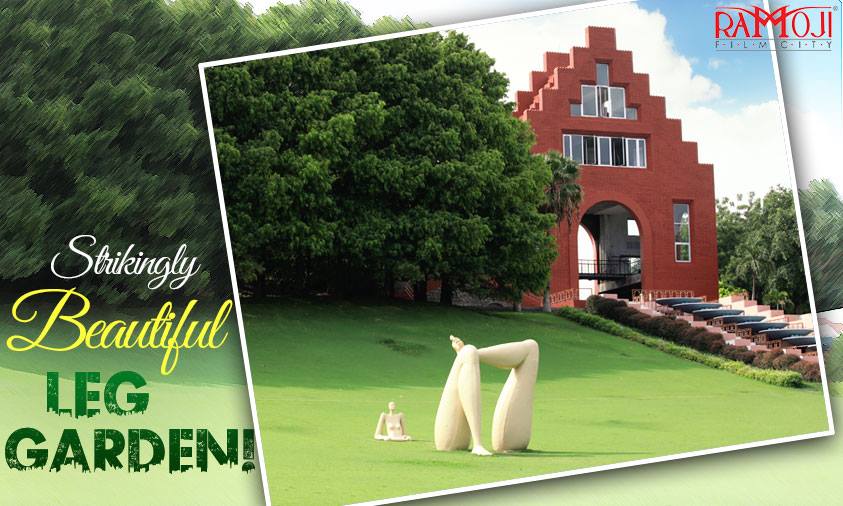 Film shooting locations in Hyderabad at Ramoji Film City featuring the artistic Leg Garden and scenic backdrop.